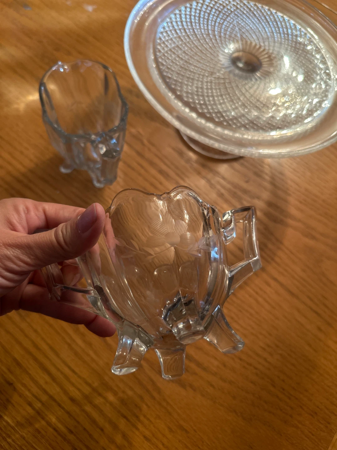 Vintage Clear Glass Creamer, Sugar Bowl & Cake Stand Set - photo 4