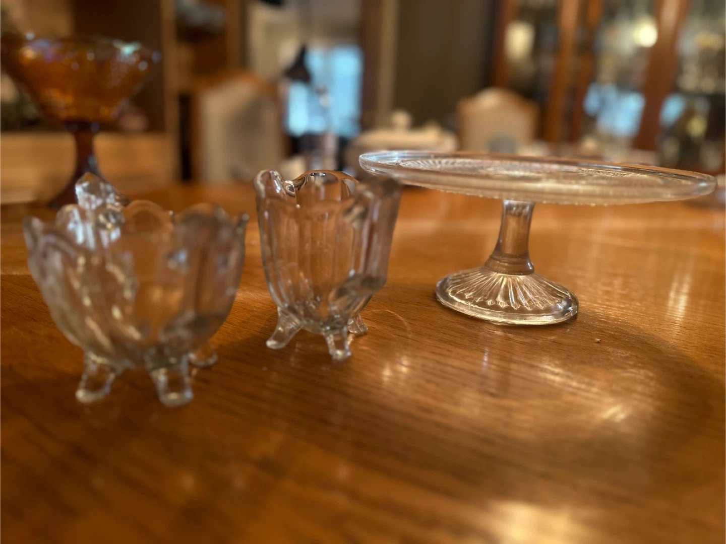Vintage Clear Glass Creamer, Sugar Bowl & Cake Stand Set