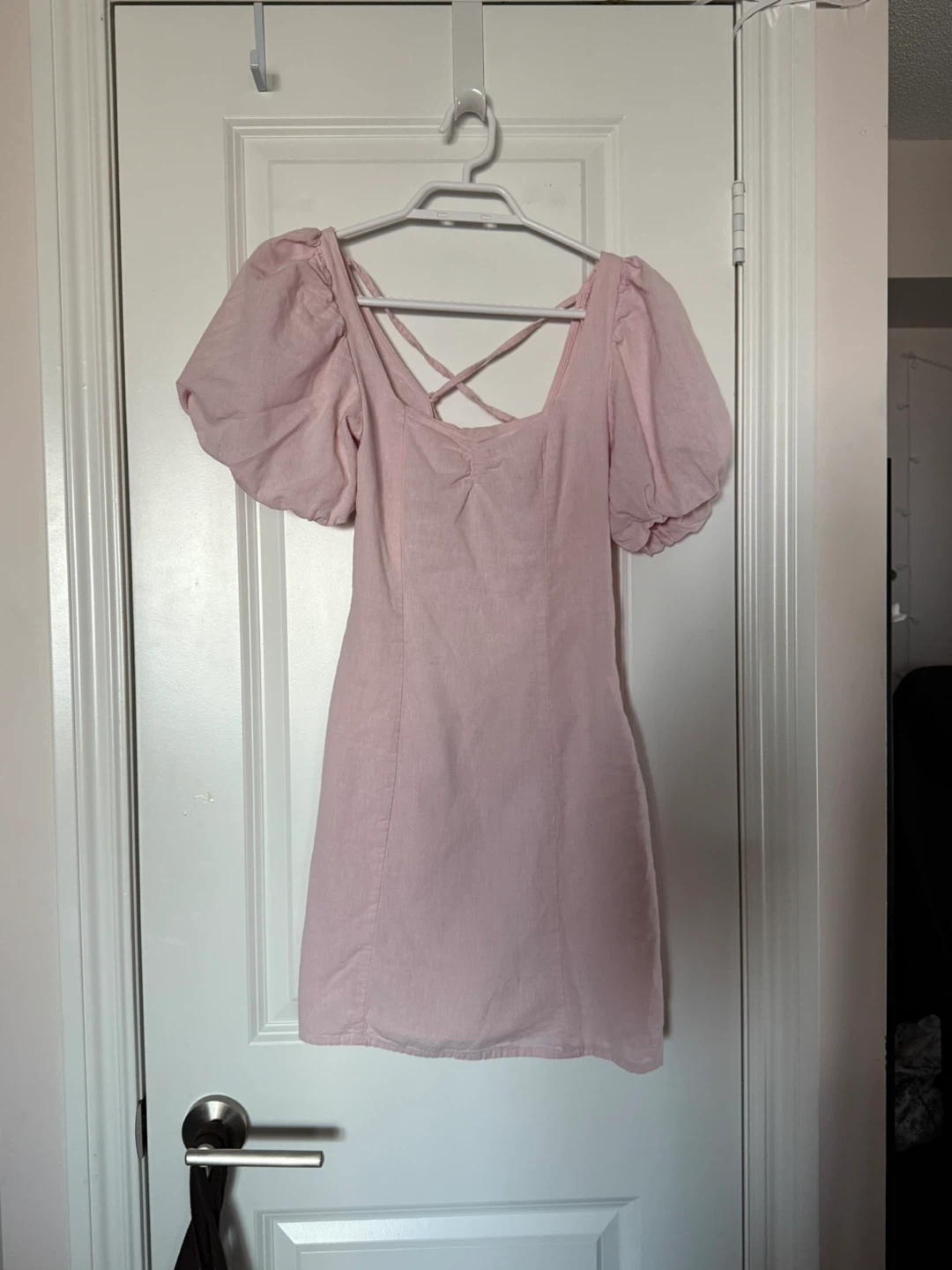 Pink cotton linen lace up dress in xs