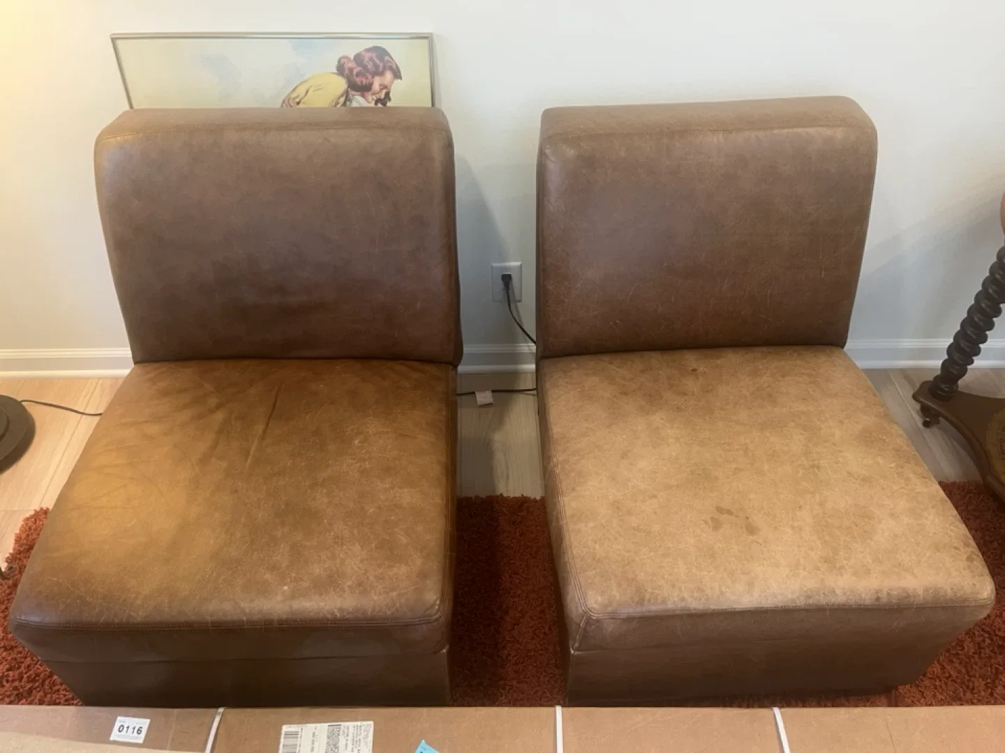 Pair Pottery Barn Genuine Leather Armless Side Chairs-Brown