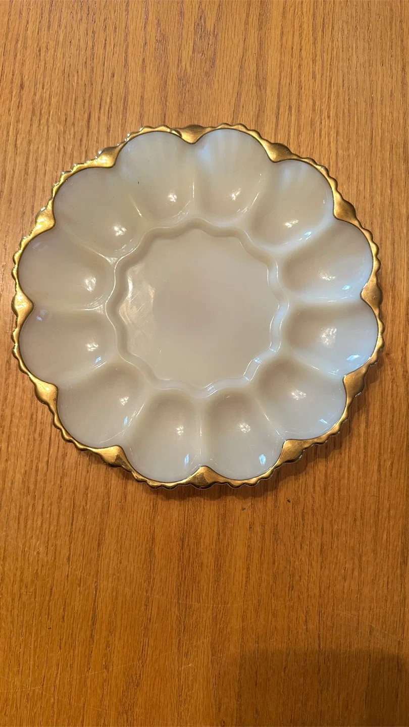 Vintage Milk Glass Egg Plate with Gold Trim