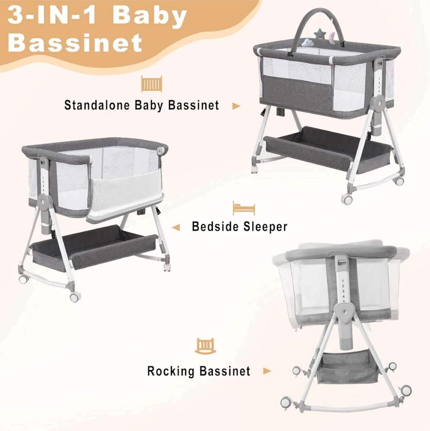 Brand New 3-in-1 Baby Bassinet – Adjustable & Portable (Grey) image indicator(9)