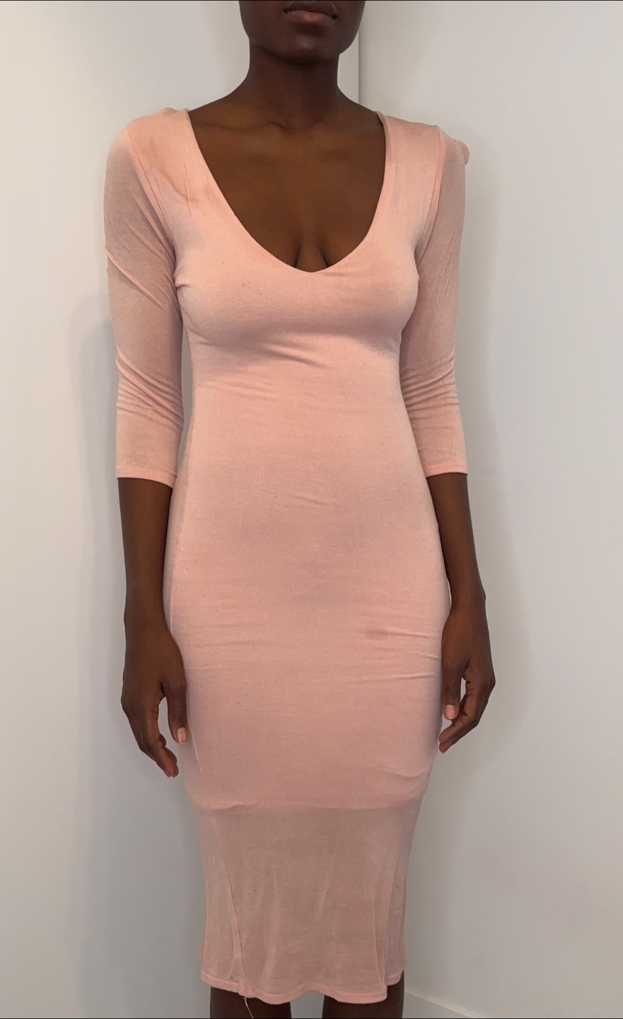 Blush Pink Bodycon Midi Dress Choker Neck V-Neck 3/4 Sleeve - photo 3