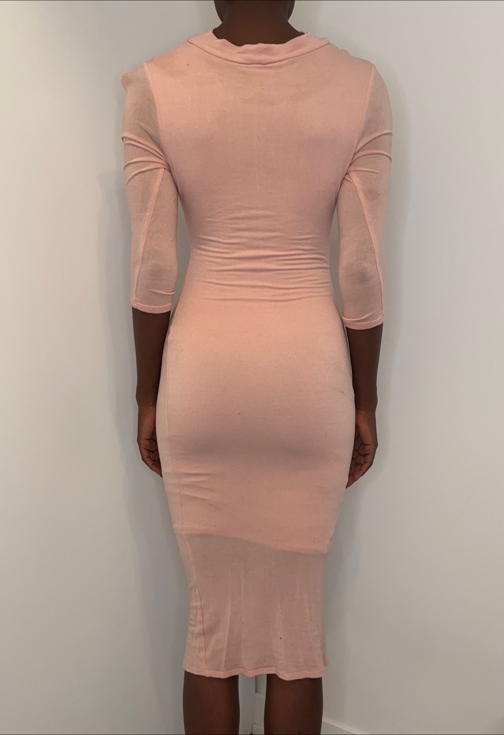 Blush Pink Bodycon Midi Dress Choker Neck V-Neck 3/4 Sleeve - photo 5