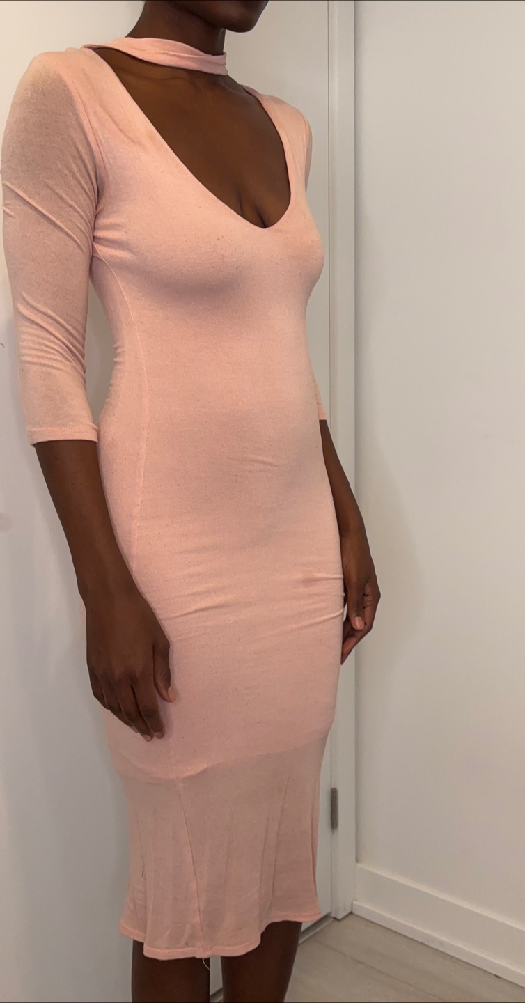 Blush Pink Bodycon Midi Dress Choker Neck V-Neck 3/4 Sleeve - photo 4
