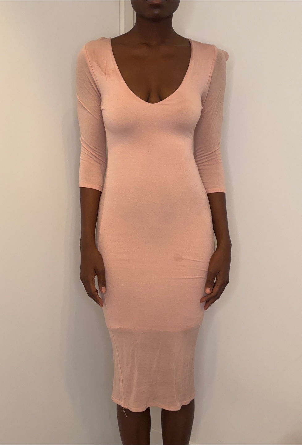Blush Pink Bodycon Midi Dress Choker Neck V-Neck 3/4 Sleeve
