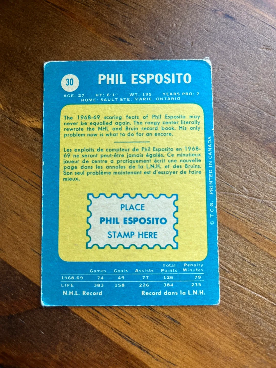 Phil Esposito T.C.G. Hockey Card 1968-69 image indicator(2)