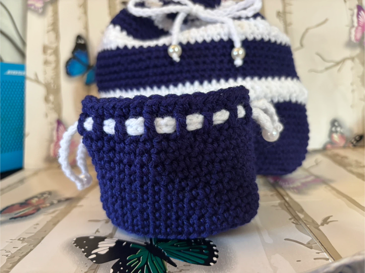 Handmade Crocheted Navy & White Striped Bag Set - photo 5