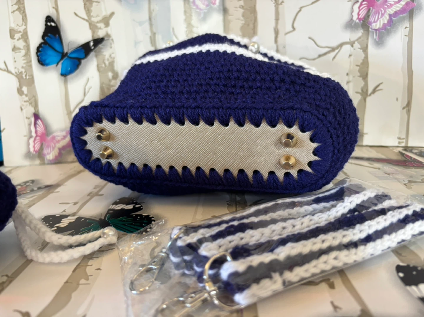 Handmade Crocheted Navy & White Striped Bag Set - photo 2