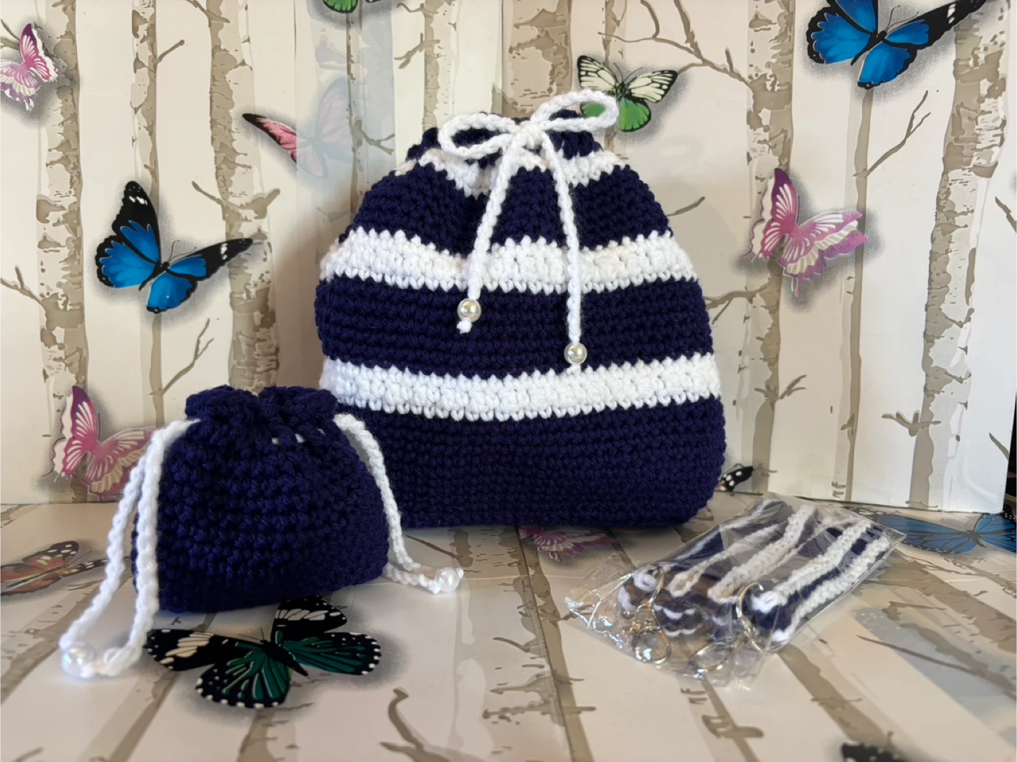 Handmade Crocheted Navy & White Striped Bag Set