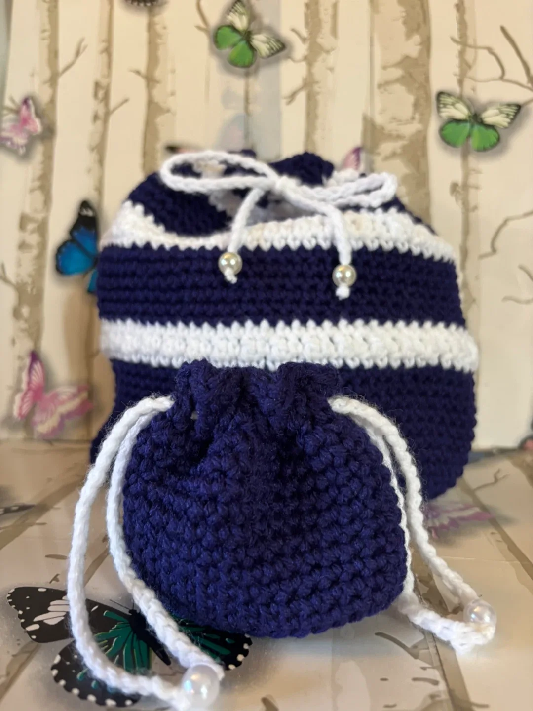 Handmade Crocheted Navy & White Striped Bag Set image indicator(7)