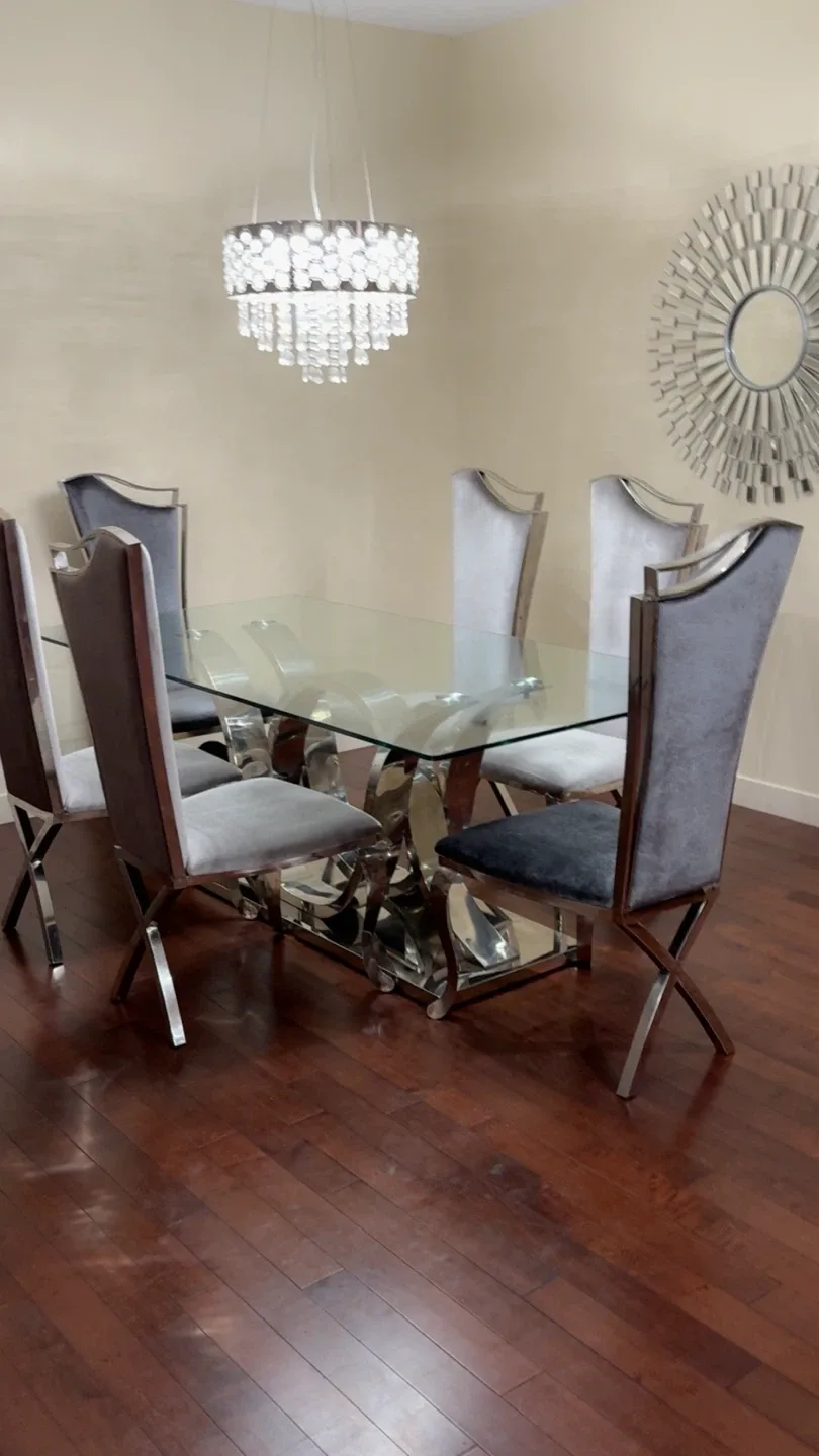 Glass Dining Table with 6 Velvet Chairs