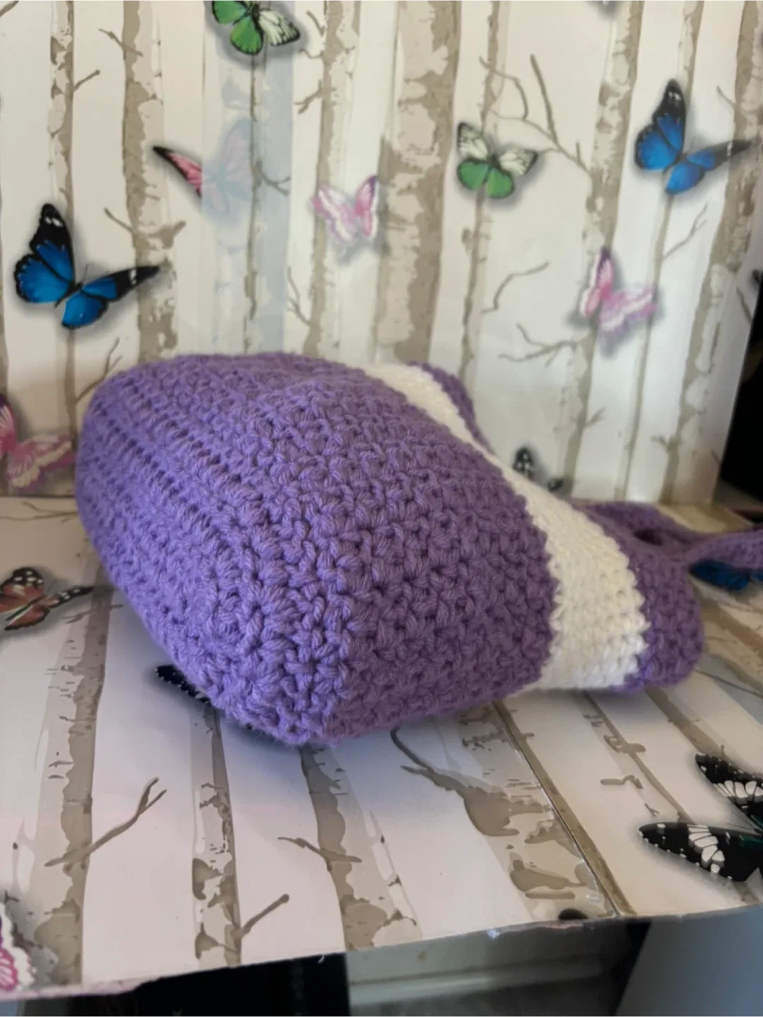 Handmade Crocheted Purple & White Tote Bag image indicator(3)