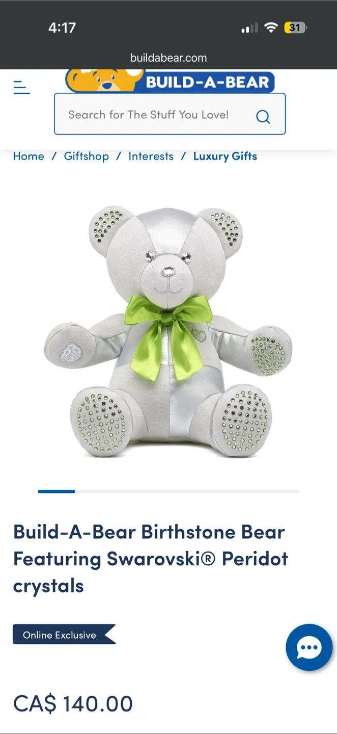 Build-A-Bear Birthstone Bear Swarovski Peridot Crystals