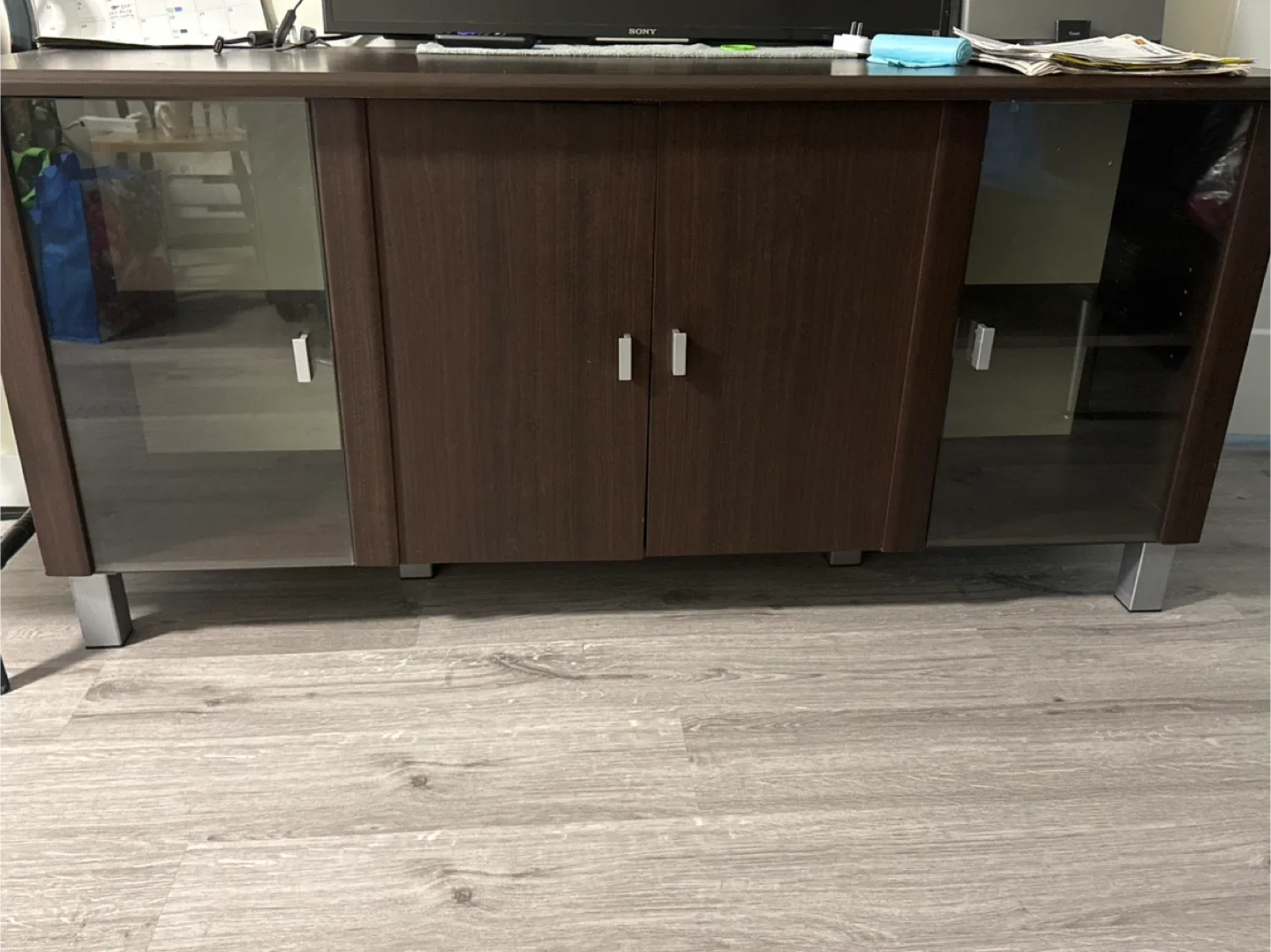 Brown TV Stand with Glass Doors