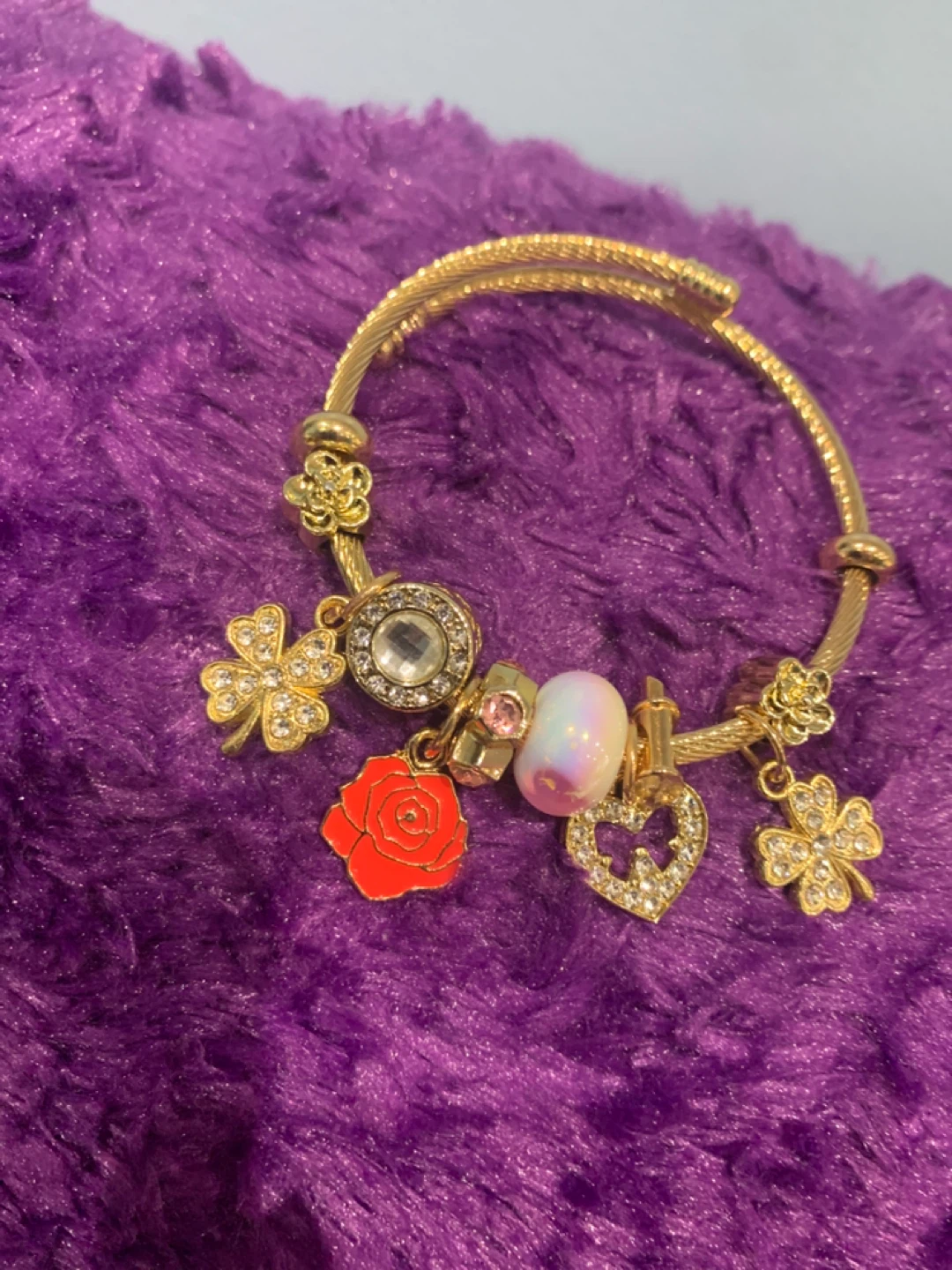 Gold Charm Bracelet with Rose & Clover