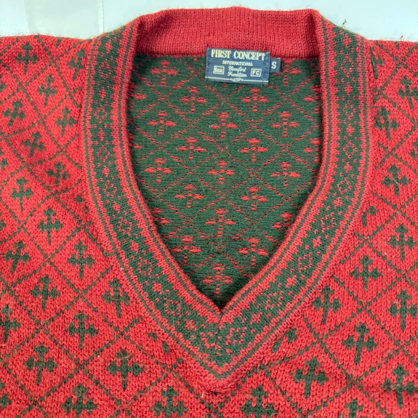 Vintage Men’s First Concept Knit Sweater – Red/Green – Size S - photo 3