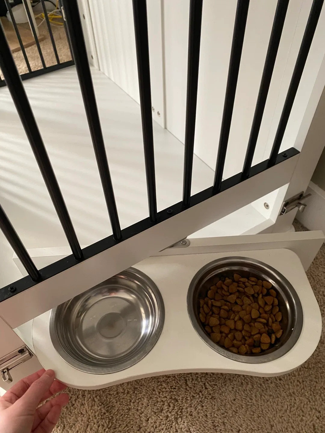 Dog Crate Furniture with Barn Door, Drawer, 360 Swivel Dish image indicator(2)