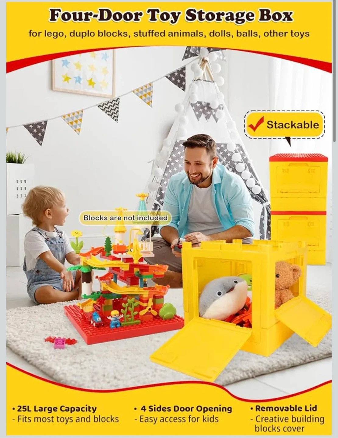 26QT 25L Plastic Storage Box with Building Lid for Lego Duplo image indicator(2)