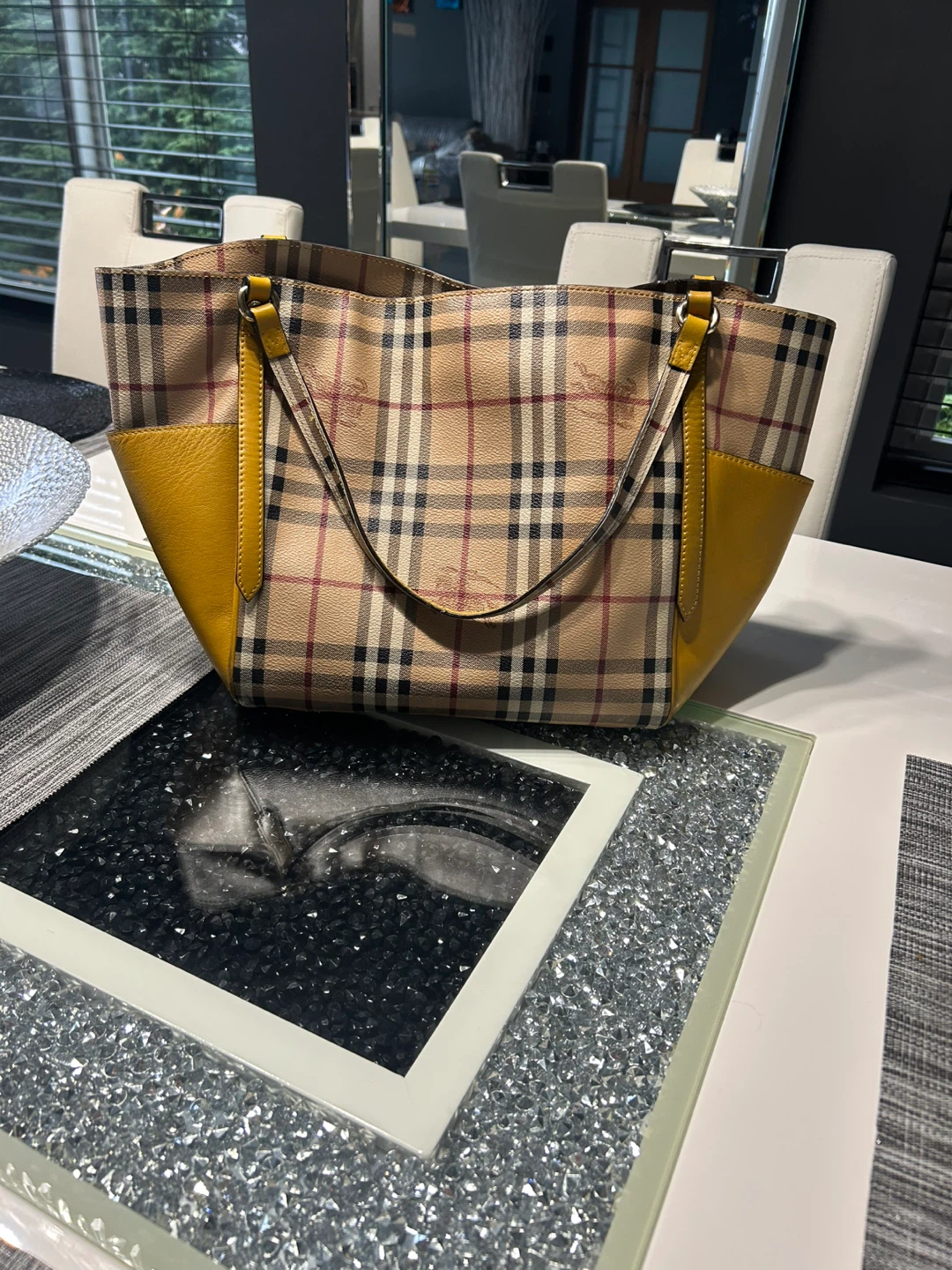 Burberry Plaid & Yellow Leather Tote Bag