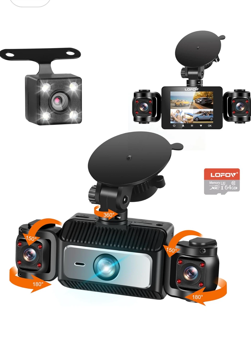 Dash Cam with 3 Cameras & 64GB SD Card