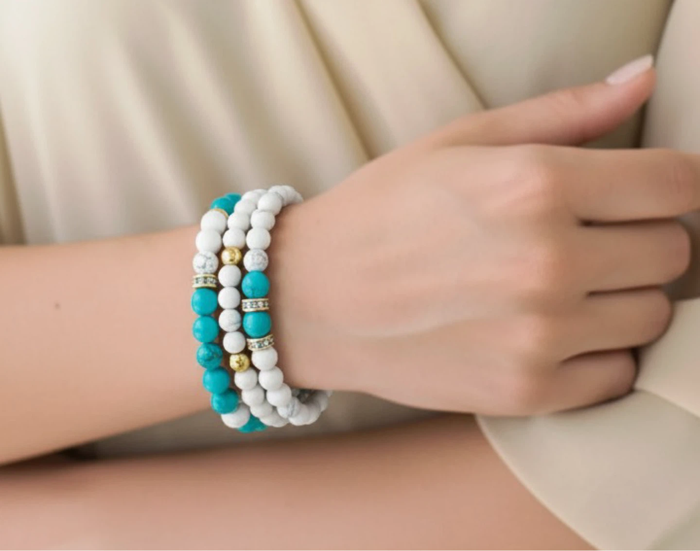 Beaded Bracelets Set - Turquoise and White Stone