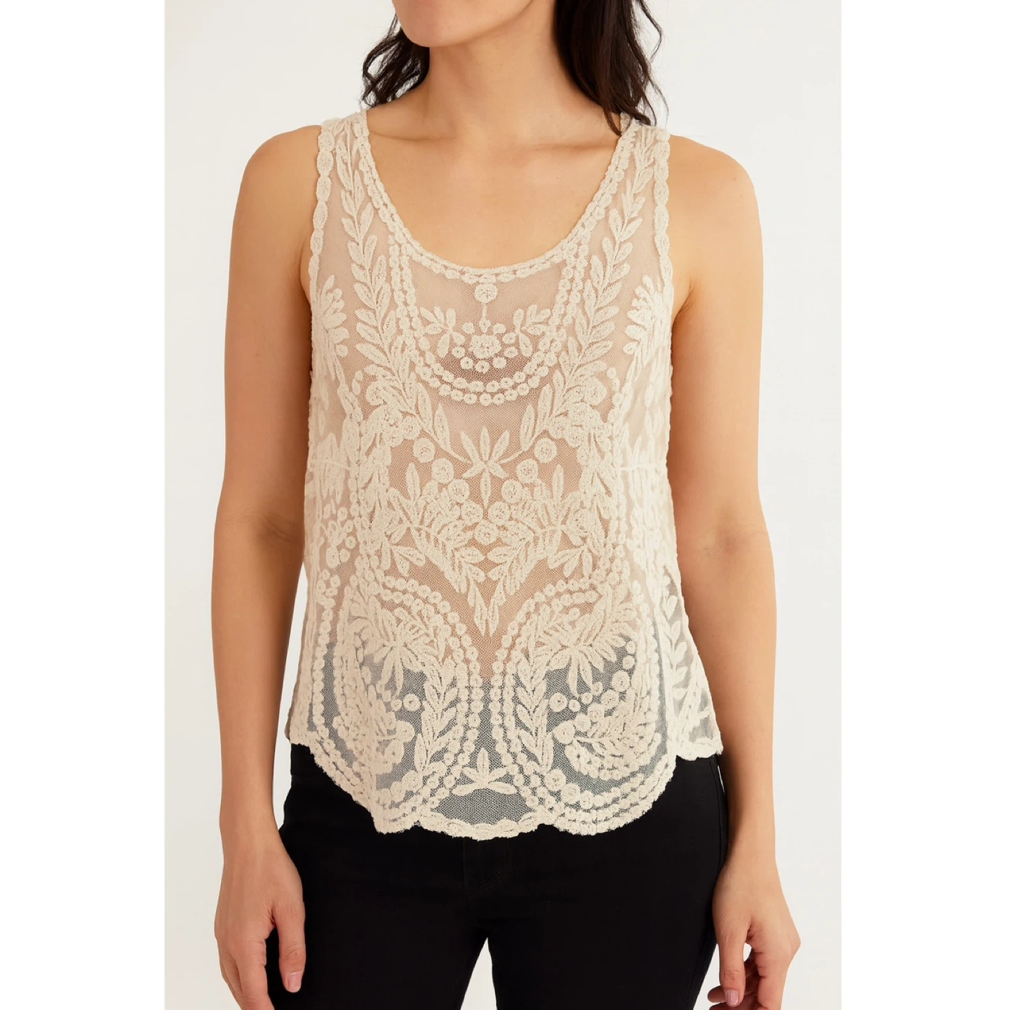Say What Cream Sheer Lace Tank Top Floral Boho Festival Size M