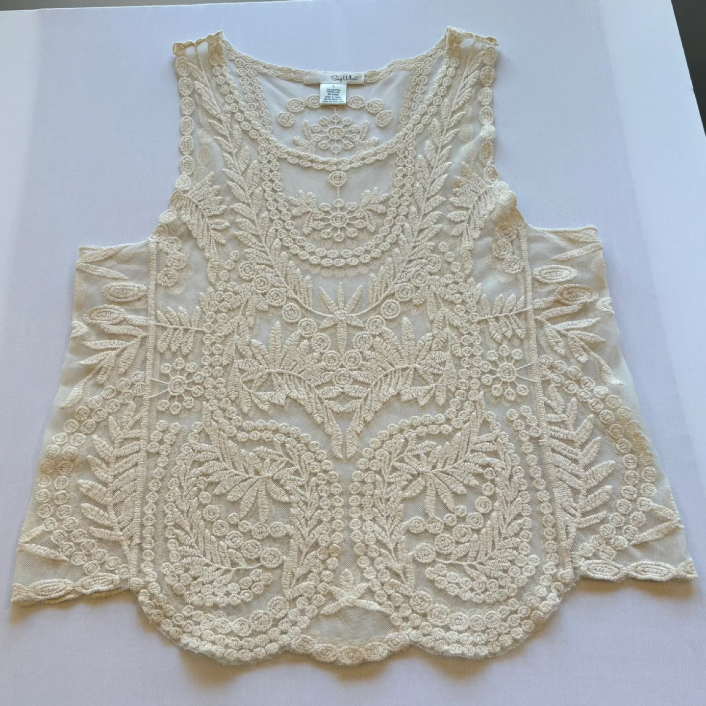 Say What Cream Sheer Lace Tank Top Floral Boho Festival Size M image indicator(6)