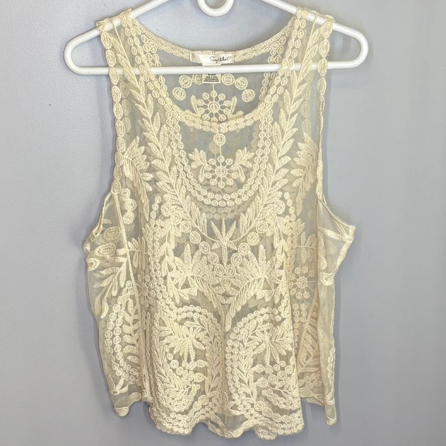 Say What Cream Sheer Lace Tank Top Floral Boho Festival Size M - photo 2