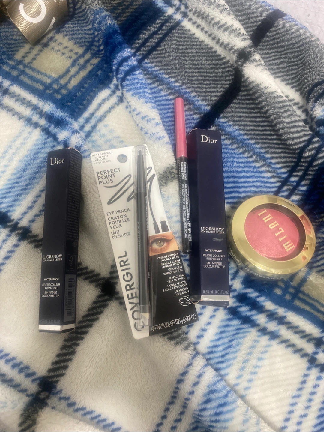 DiorShow On Stage Liner, Covergirl Eye Pencil, Milani Blush