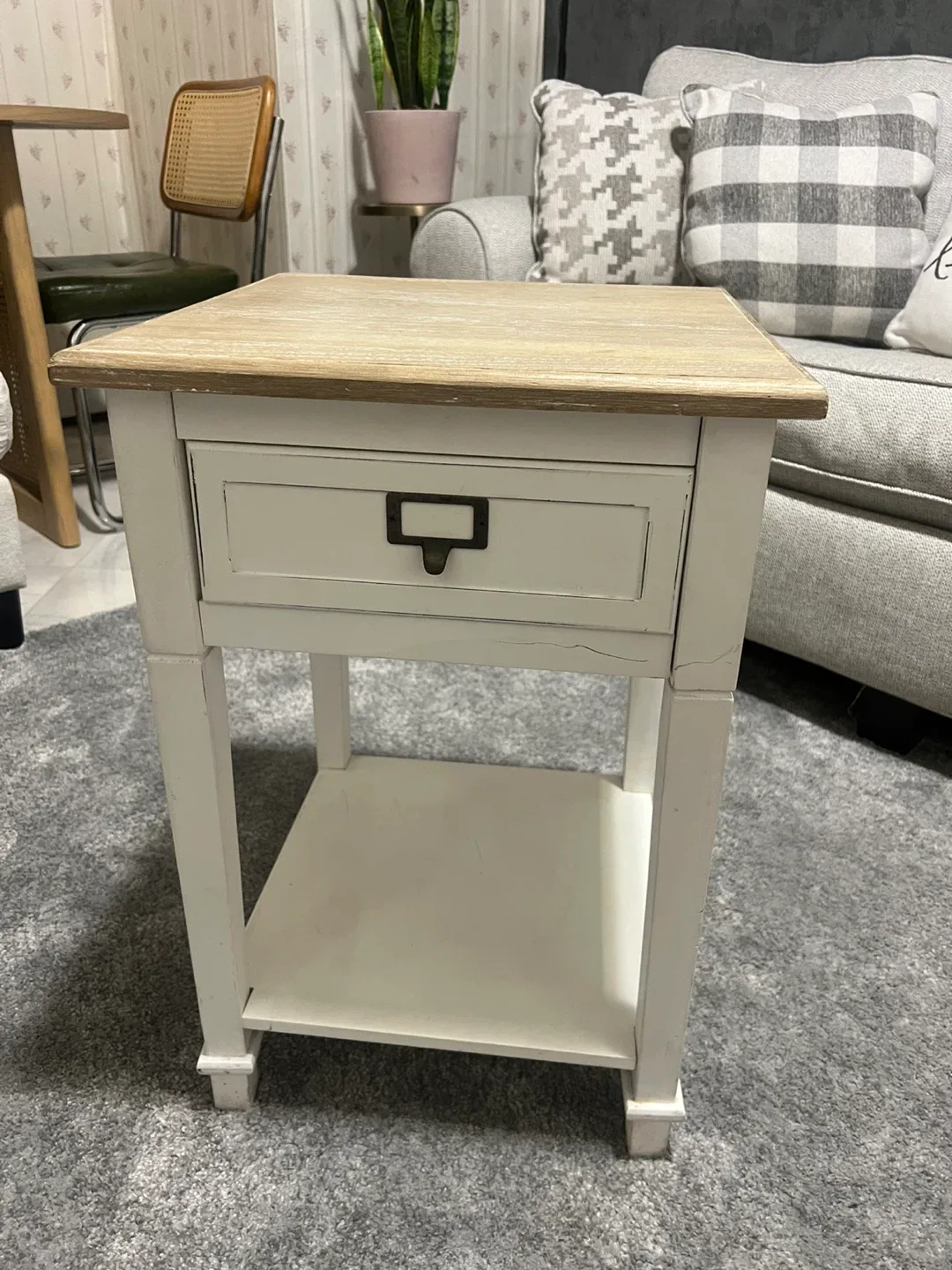 Wood and White End Table with Drawer