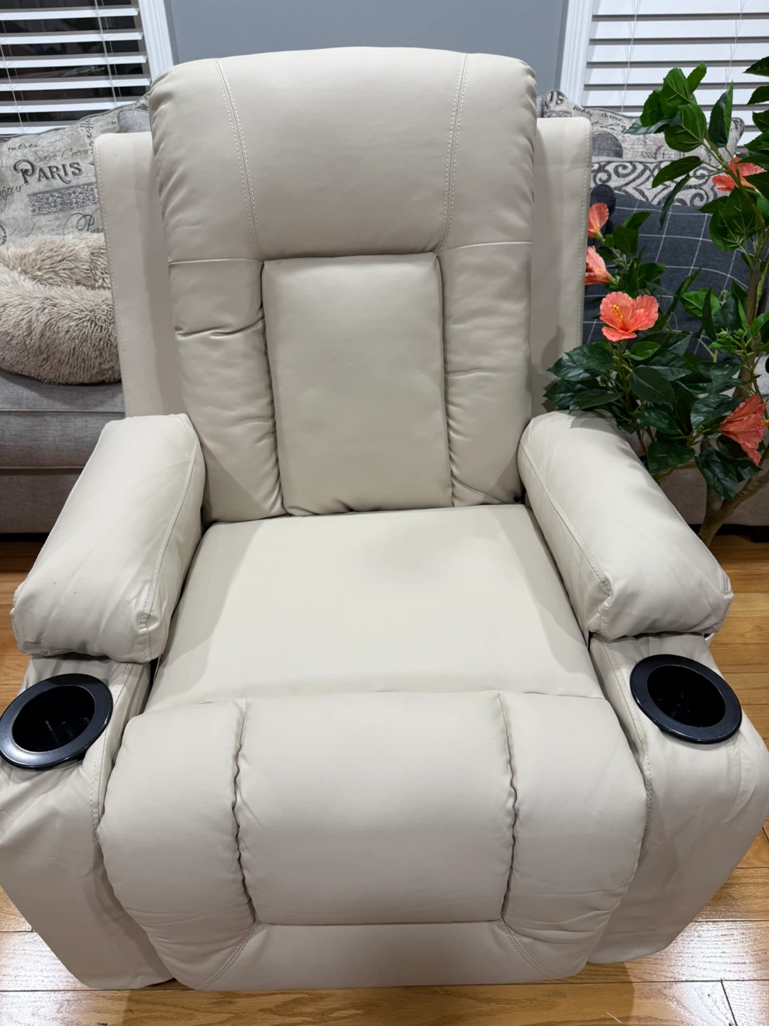 Beige Leather Recliner with Massage & Heat