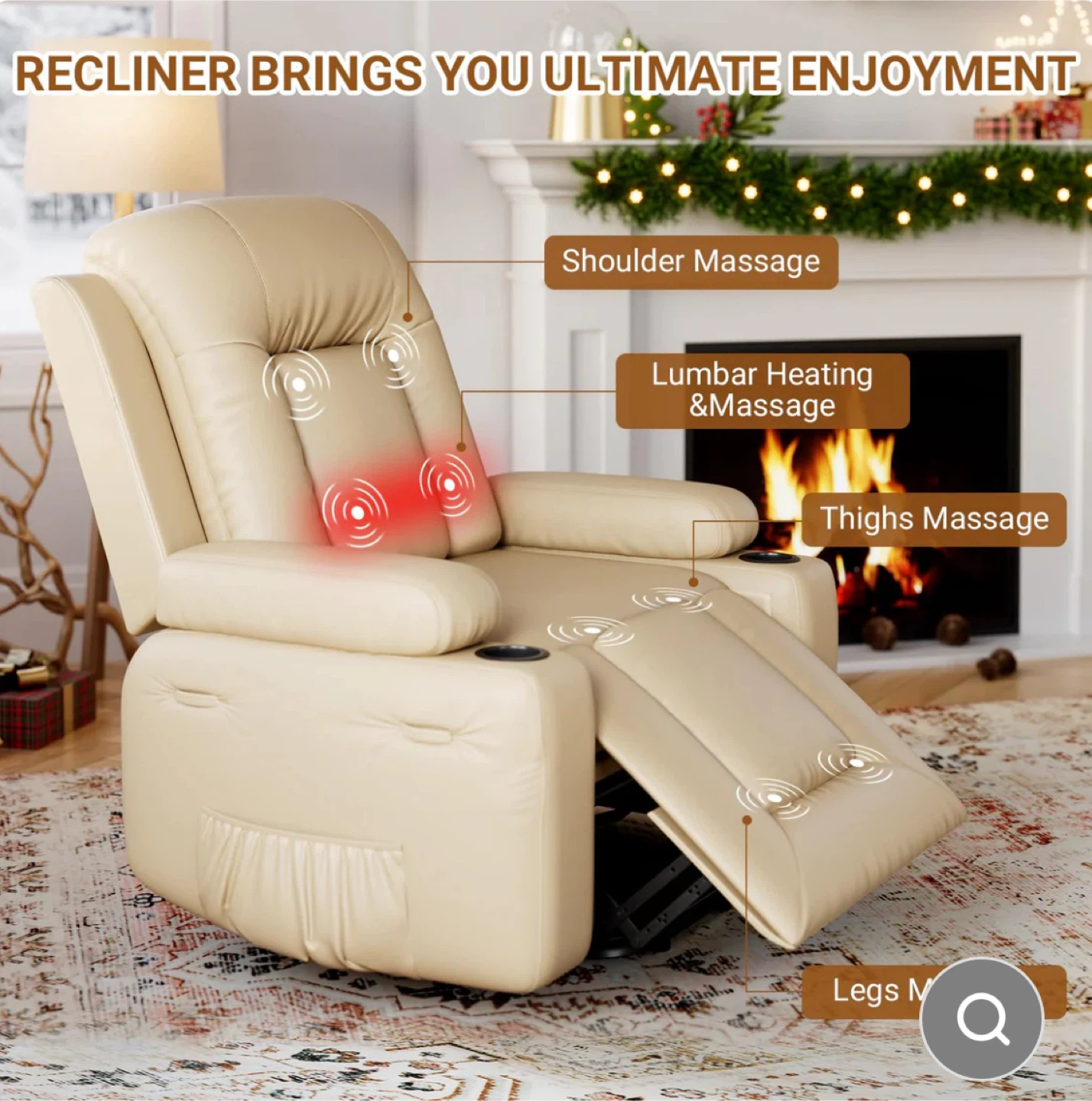 Beige Leather Recliner with Massage & Heat - photo 5