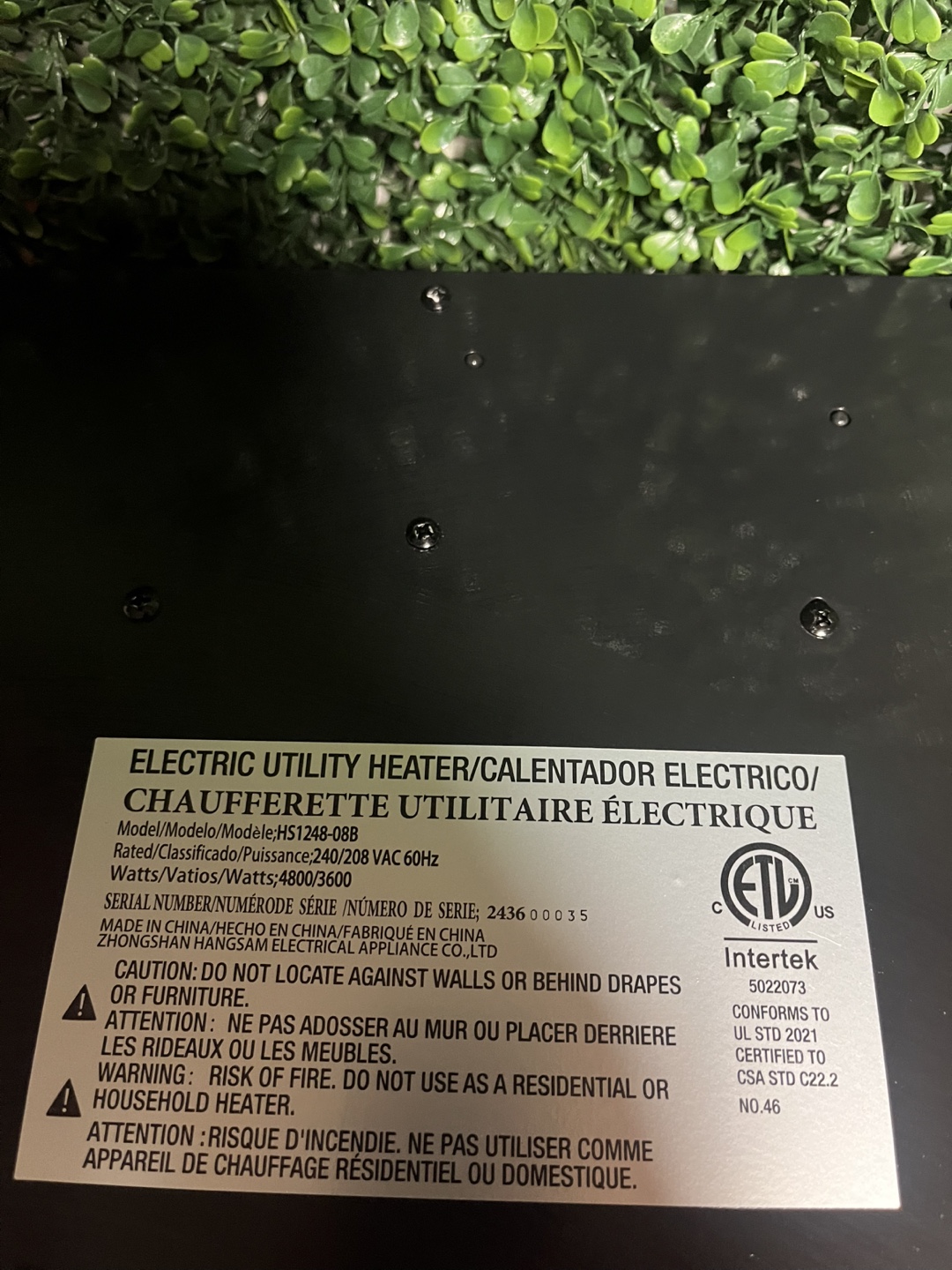 CTSC HS1248-088 Electric Utility Garage Heater - photo 4
