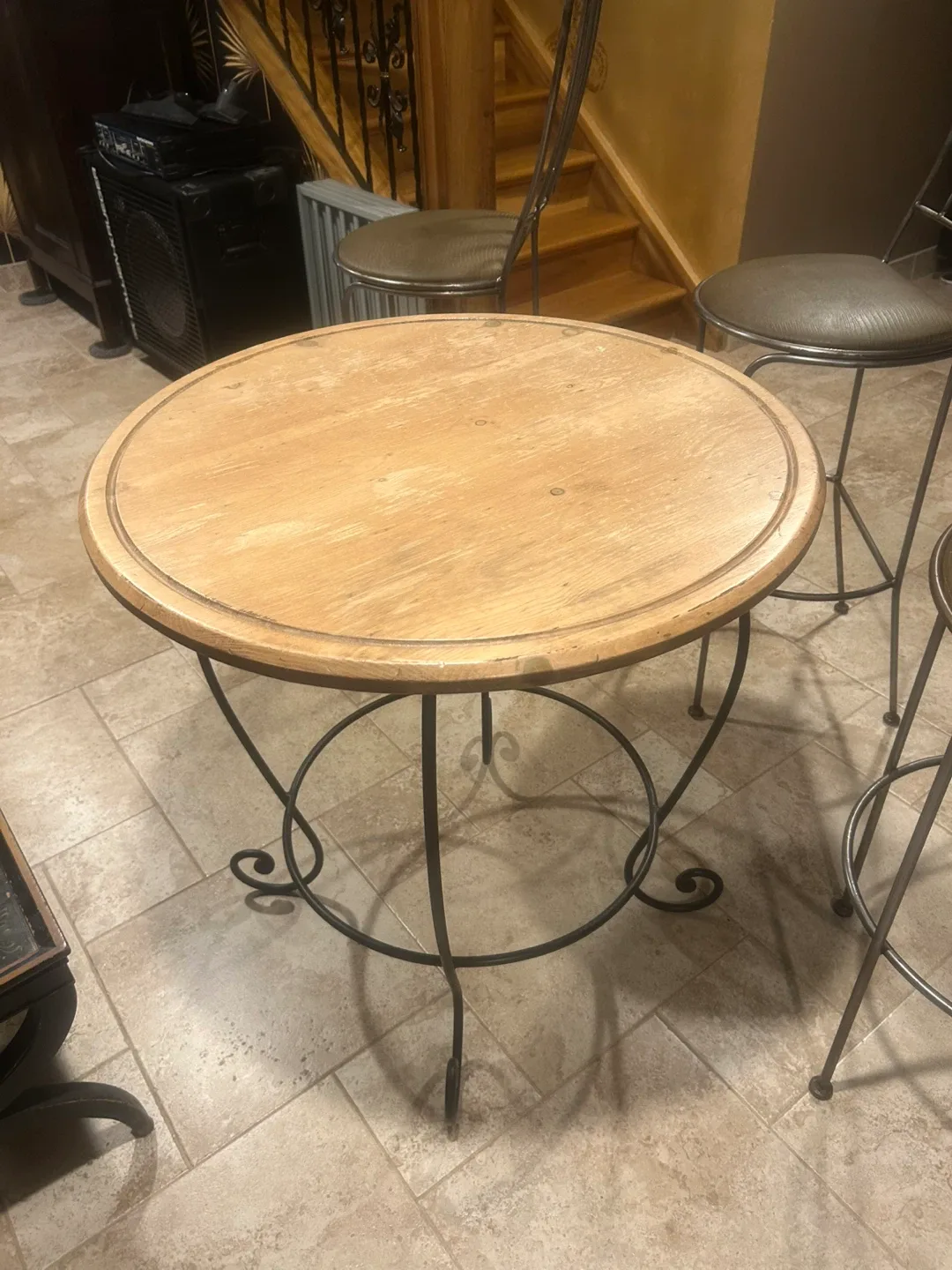 Round Wooden Table with Metal Base