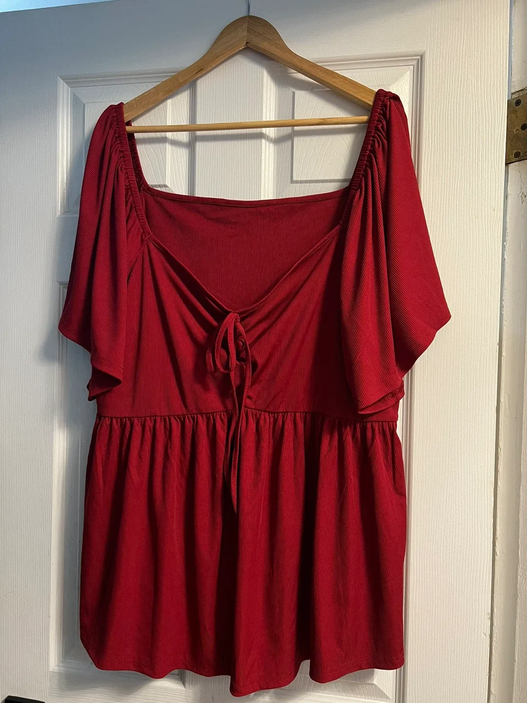 Red Tie-Front Peasant Blouse- 2XL