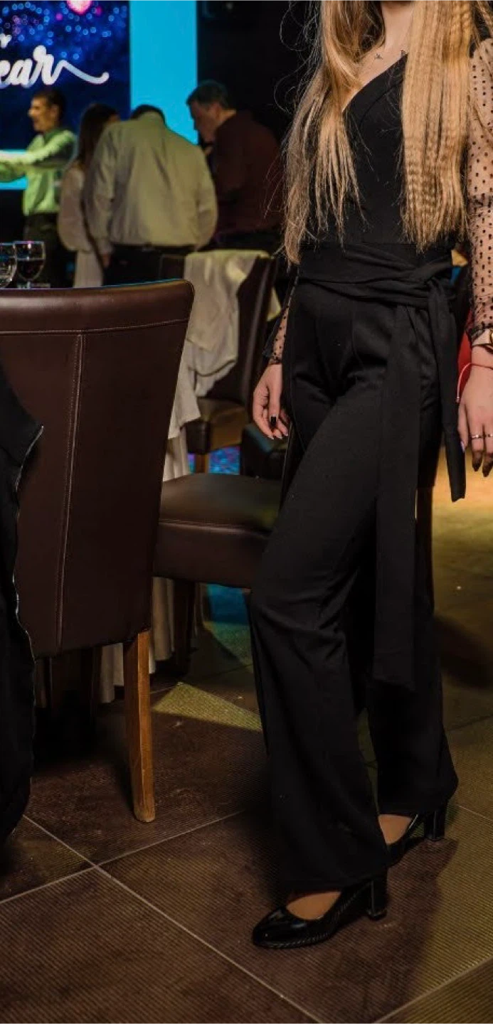 Black Jumpsuit with Sheer Polka Dot Sleeves