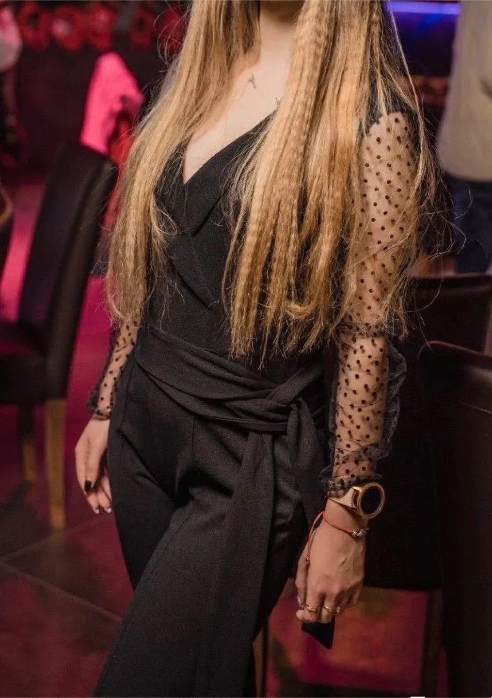 Black Jumpsuit with Sheer Polka Dot Sleeves image indicator(2)