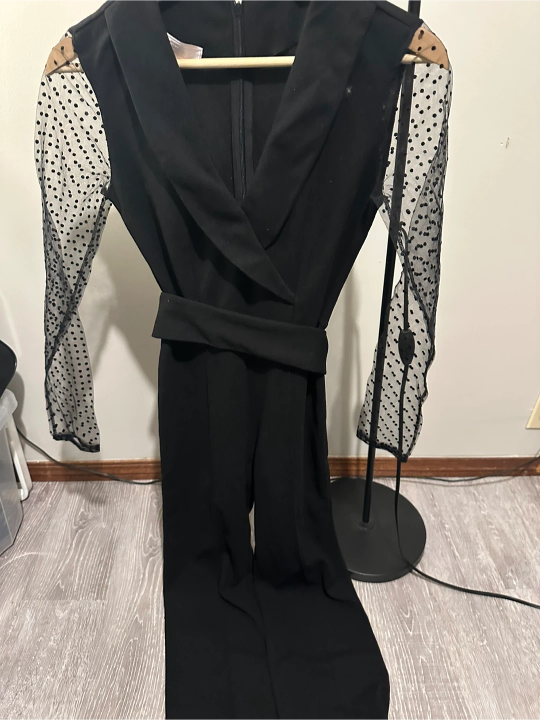 Black Jumpsuit with Sheer Polka Dot Sleeves - photo 5