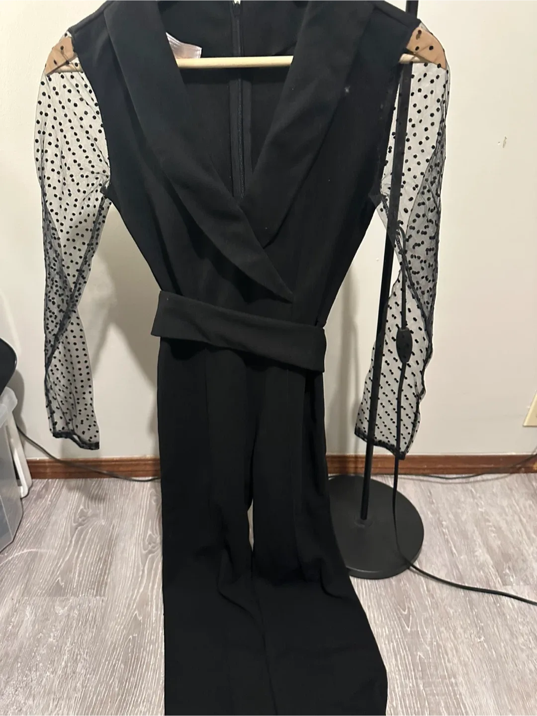 Black Jumpsuit with Sheer Polka Dot Sleeves image indicator(5)