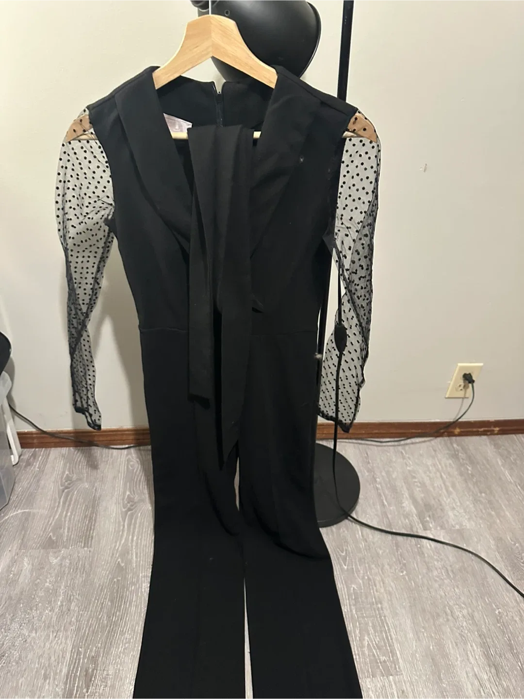 Black Jumpsuit with Sheer Polka Dot Sleeves image indicator(3)