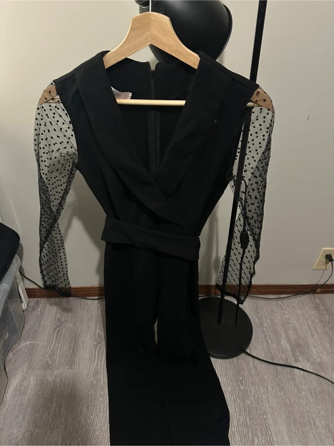 Black Jumpsuit with Sheer Polka Dot Sleeves image indicator(4)