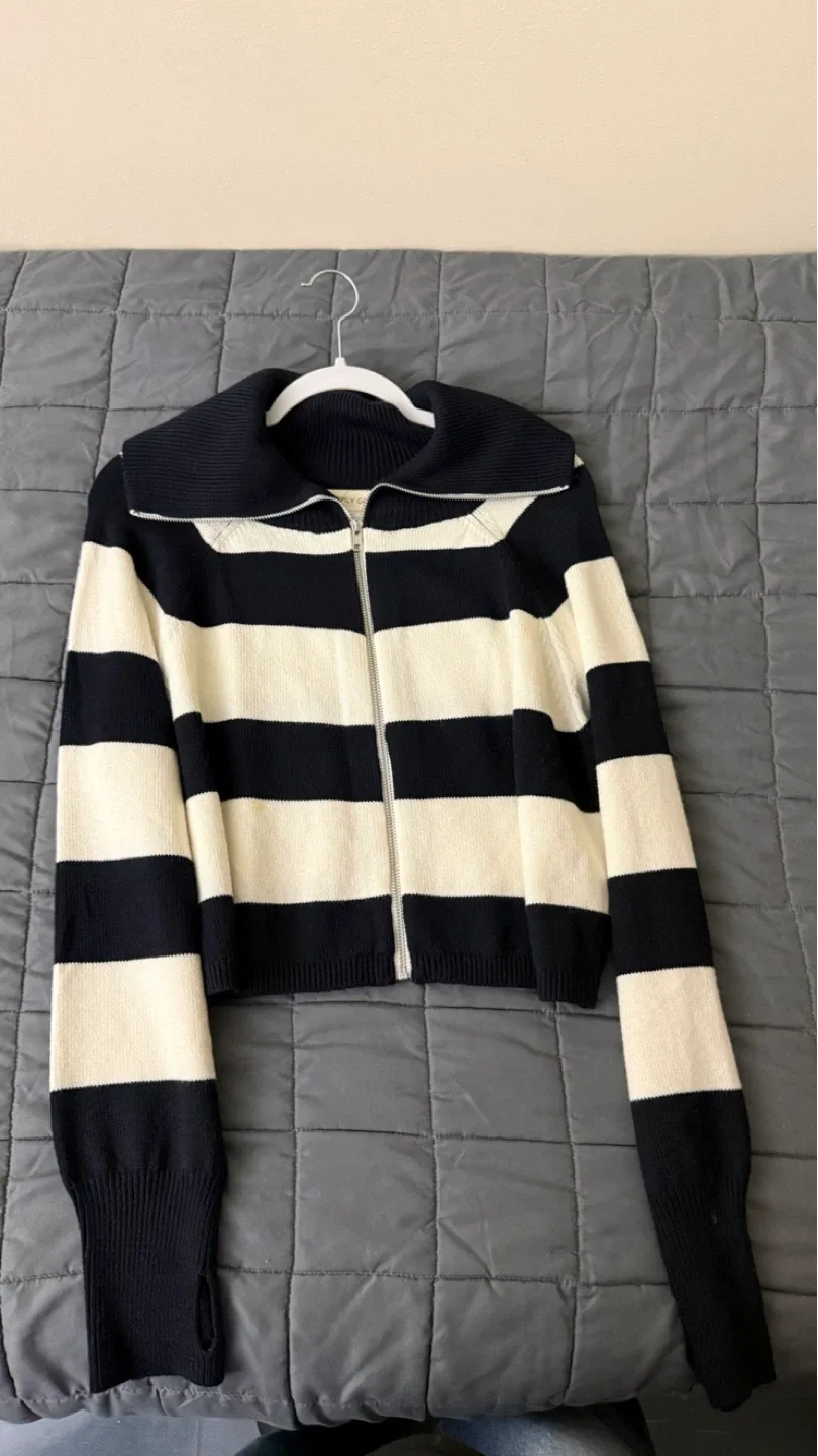 Striped Knit Zip-Up Sweater