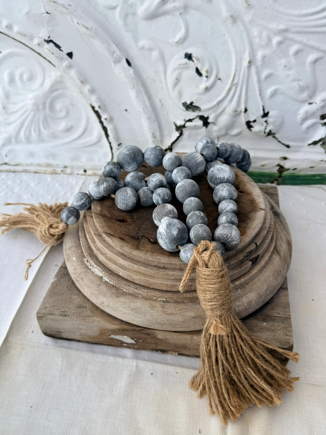 Wood Bead Garland with Jute Tassels