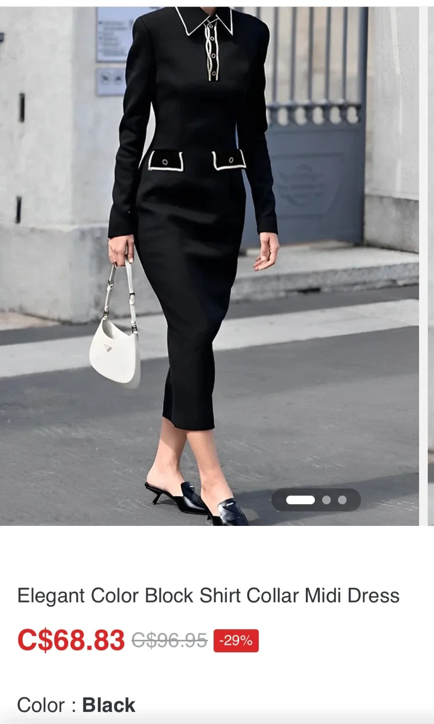 Elegant Black Color Block Shirt Collar Midi Dress