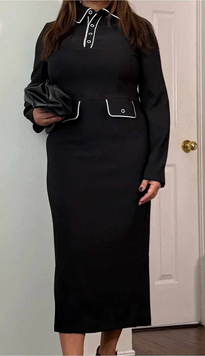 Elegant Black Color Block Shirt Collar Midi Dress image indicator(2)