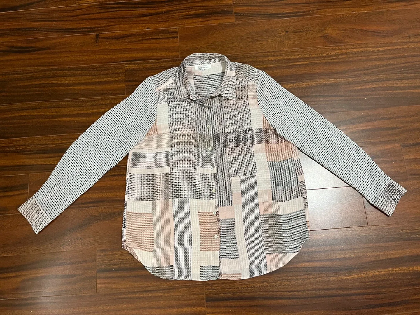 Rose + Olive womens large blouse, geometric patchwork pink taupe