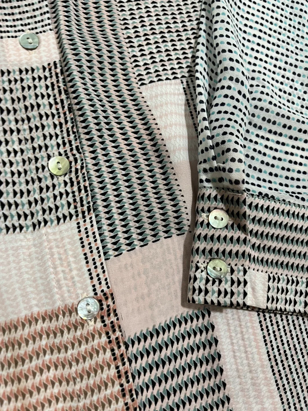 Rose + Olive womens large blouse, geometric patchwork pink taupe image indicator(9)