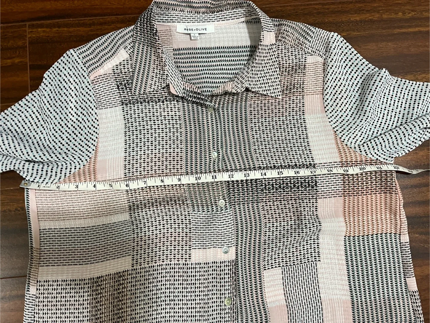 Rose + Olive womens large blouse, geometric patchwork pink taupe image indicator(5)