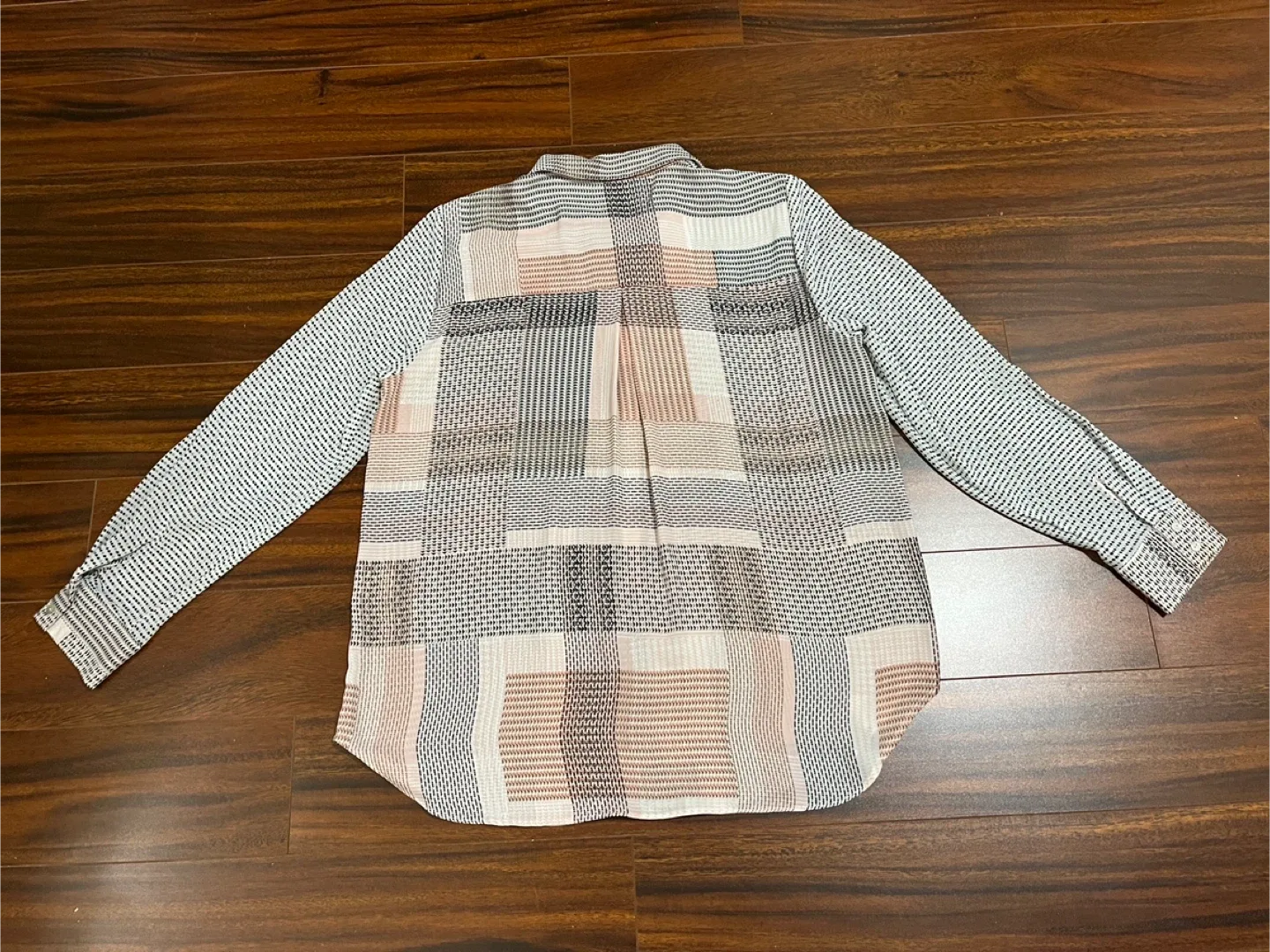 Rose + Olive womens large blouse, geometric patchwork pink taupe image indicator(10)